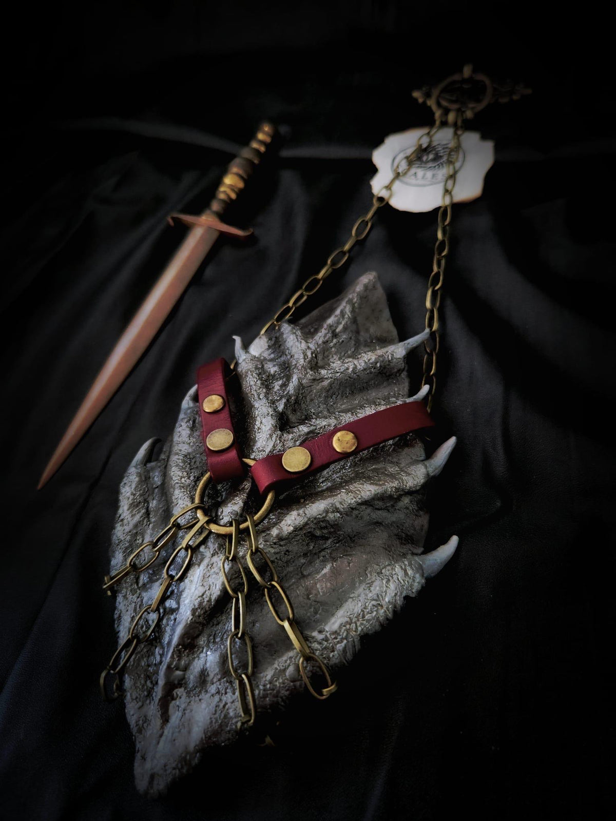 Écaille de Meraxes avec harnais en cuir de vachette et chaîne
