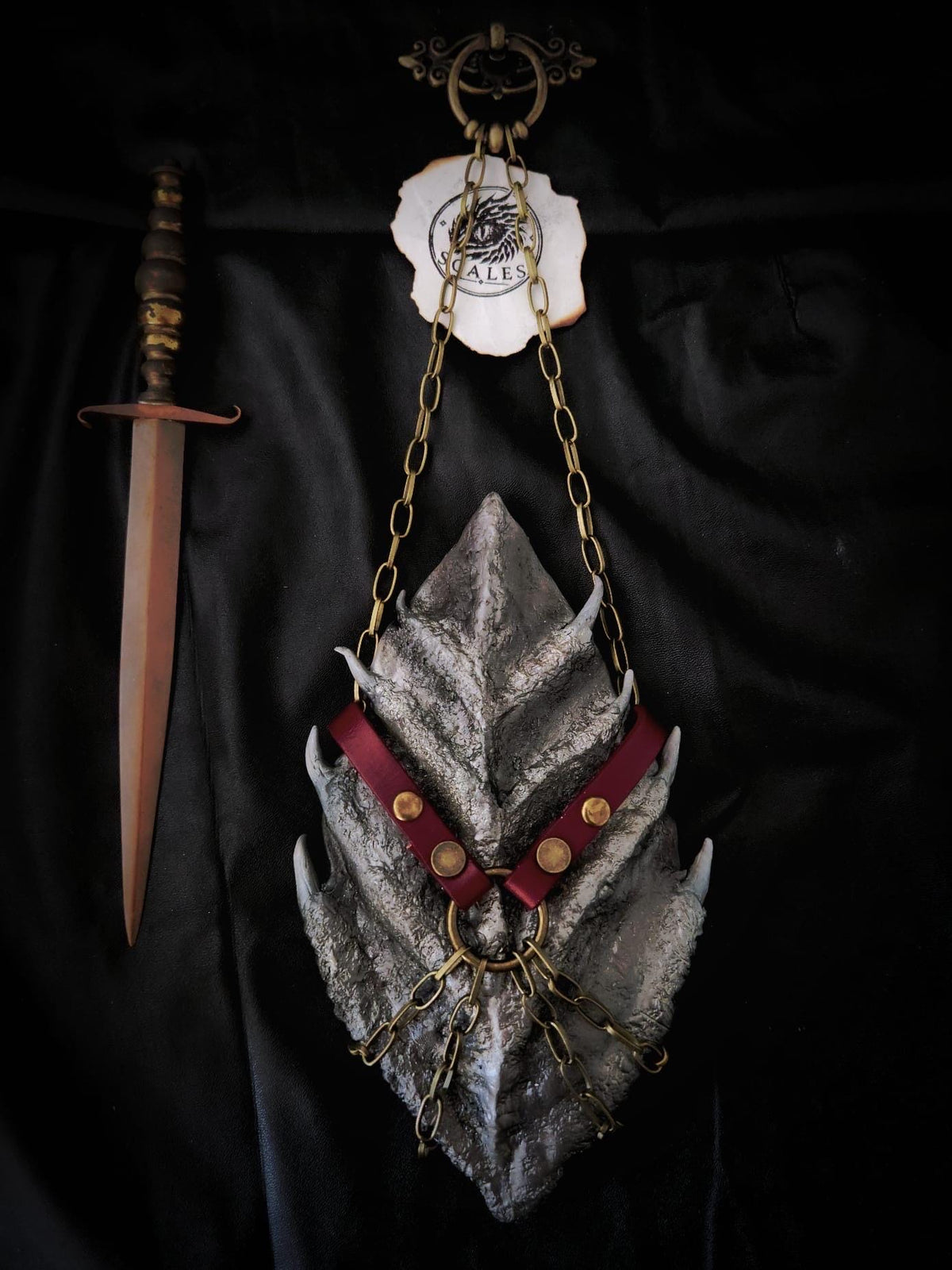 Écaille de Meraxes avec harnais en cuir de vachette et chaîne